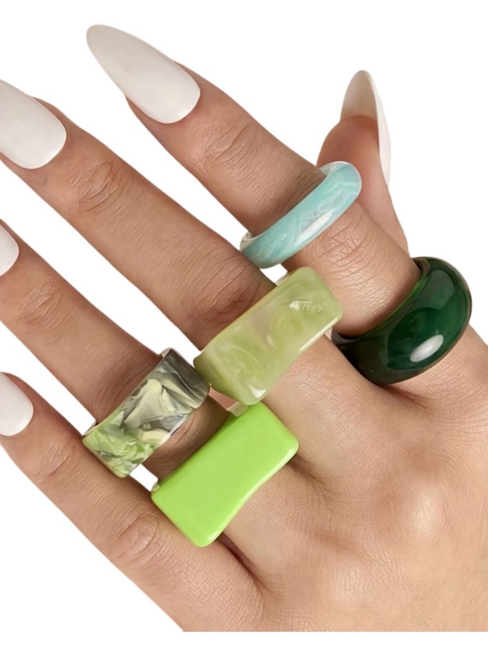 Sage Jade Marbled Acrylic Statement Ring Set 5-Piece Stackable Earth-Tone NWOT